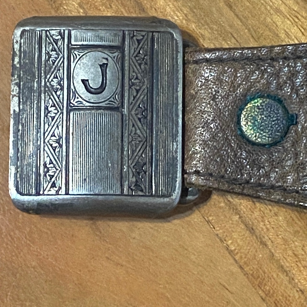 Antique art deco style monogrammed “J” belt buckle with vintage leather belt